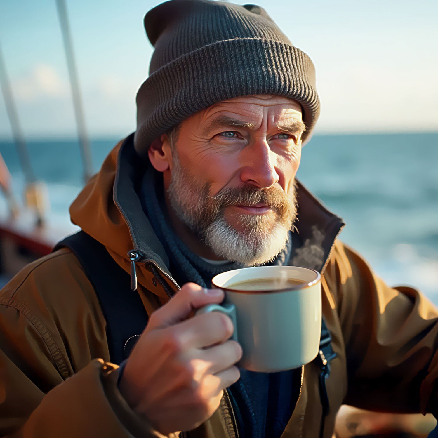Bärtiger Seemann mit Mütze auf einem Schiff mit einer warmen Tasse Schwarztee in der Hand