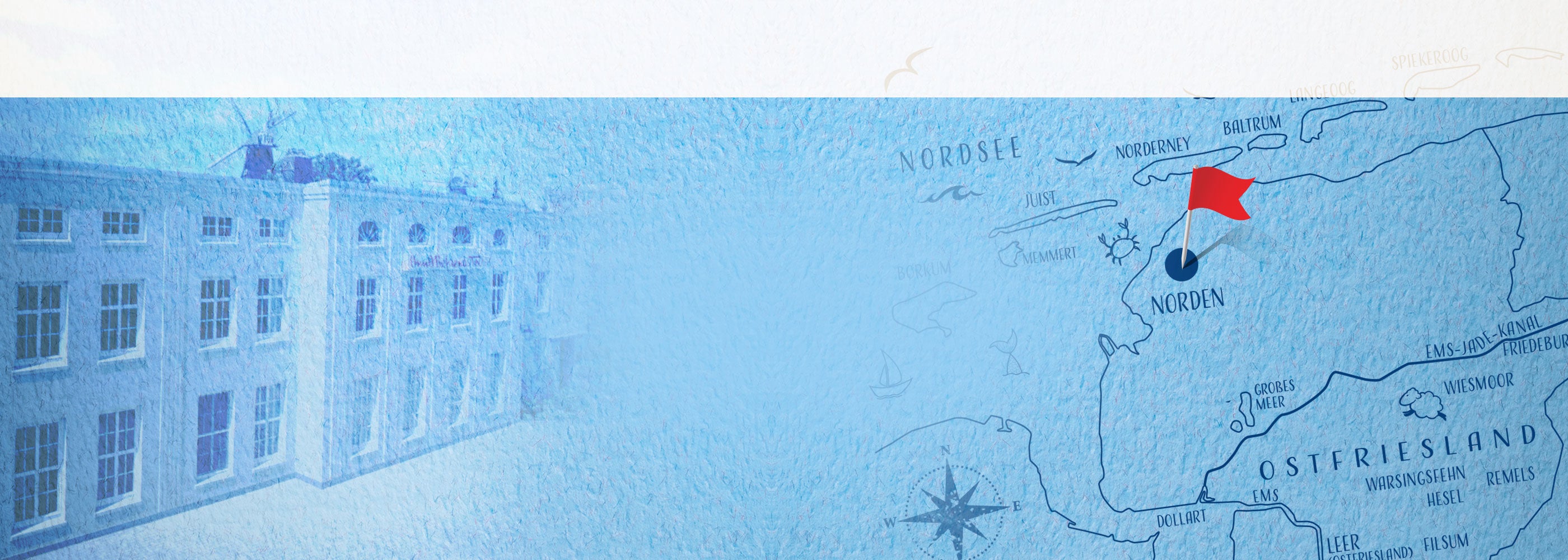 Blaue Karte von Ostfriesland mit einem Pin-Fähnchen auf Norden, dem Standort von Onno Behrends Tee.