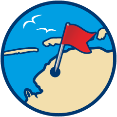 Rundes Signet eines skizzierten Kartenausschnitts von Ostfriesland mit mit dem markierten Standort von Onno Behrends