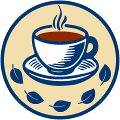 Signet einer Tasse Tee, darunter 5 skizzierte Teeblätter.