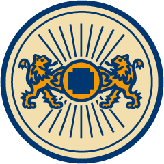 Qualitätssiegel „Teekreuz“. Blaues Kreuz in orangenem Kreis, seitlich jeweils ein skizzierter Löwe.